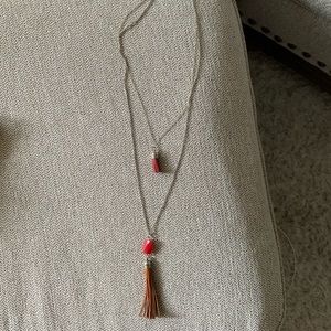 Red stone leather tassel layered pendant necklace
